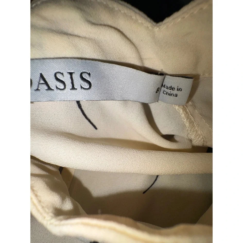 (A8) Oasis Womens Cream Black Ginkgo Leaf Print Bell Sleeve Mock Neck Blouse 8